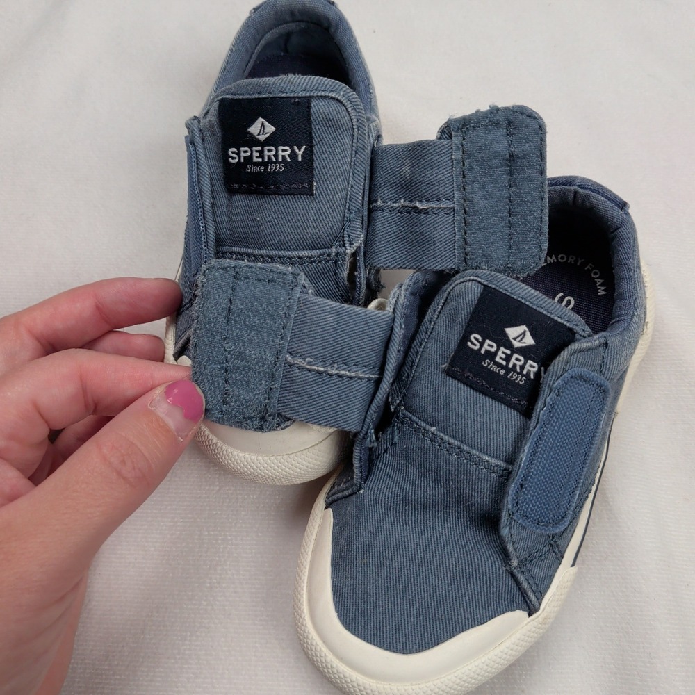 Sperry Striper II Ltt Retro Jr Blue Denim Fabric Sneakers Toddler 7M STL261099 - Picture 9 of 11